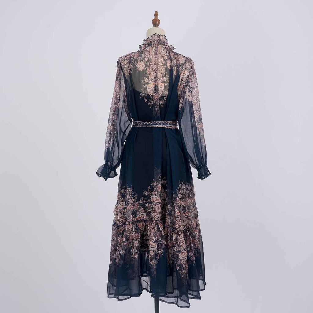 Light Luxury Elegant Retro Printed Long Sleeve Scarf Elegant Dress Two Piece