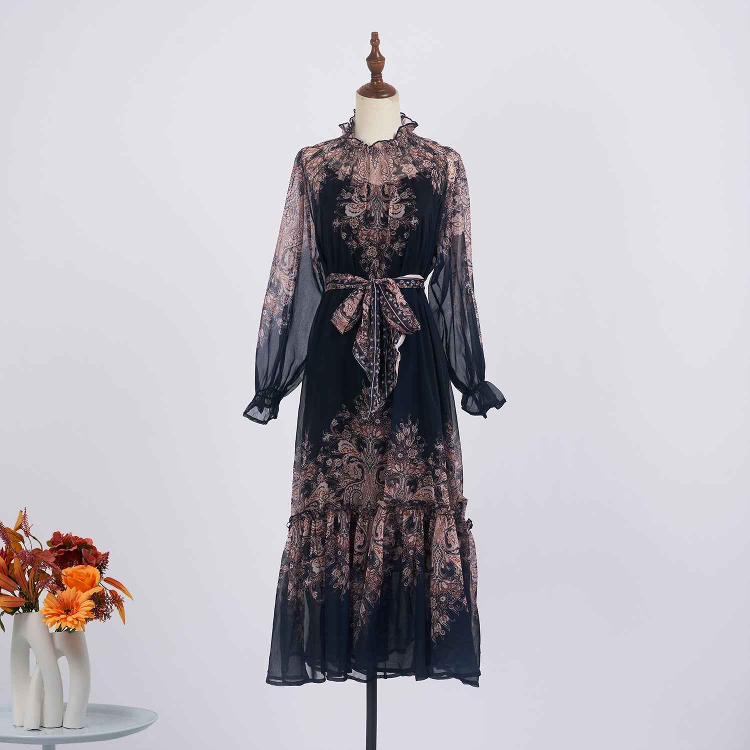 Light Luxury Elegant Retro Printed Long Sleeve Scarf Elegant Dress Two Piece