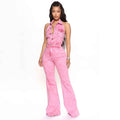 Denim Sexy Backless Collared Jumpsuit