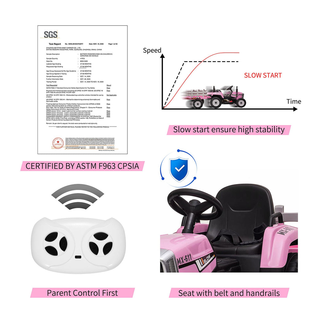 12V Battery Powered Electric Tractor with Trailer Kids Ride On Car w/Remote Control