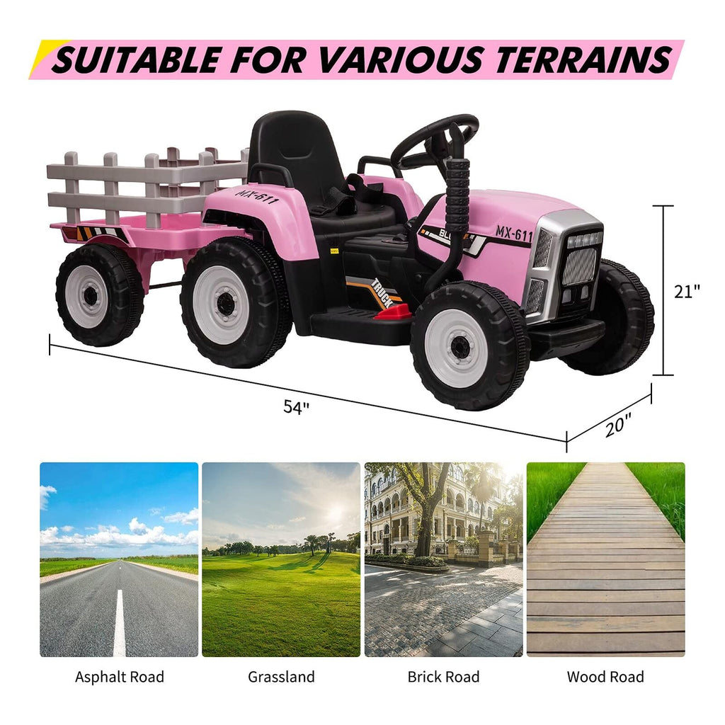 12V Battery Powered Electric Tractor with Trailer Ride-On Toy for Kids with Remote Control