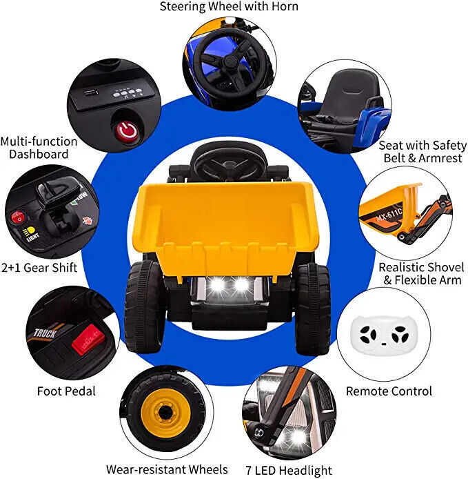 12V Battery-Powered Excavator Ride-On Toy with Music, Headlights, and Tractor Design - Perfect Gift for Kids