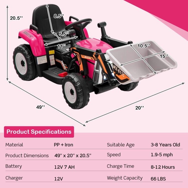 12V Battery-Powered Kids Excavator Toy with Adjustable Arm and Bucket