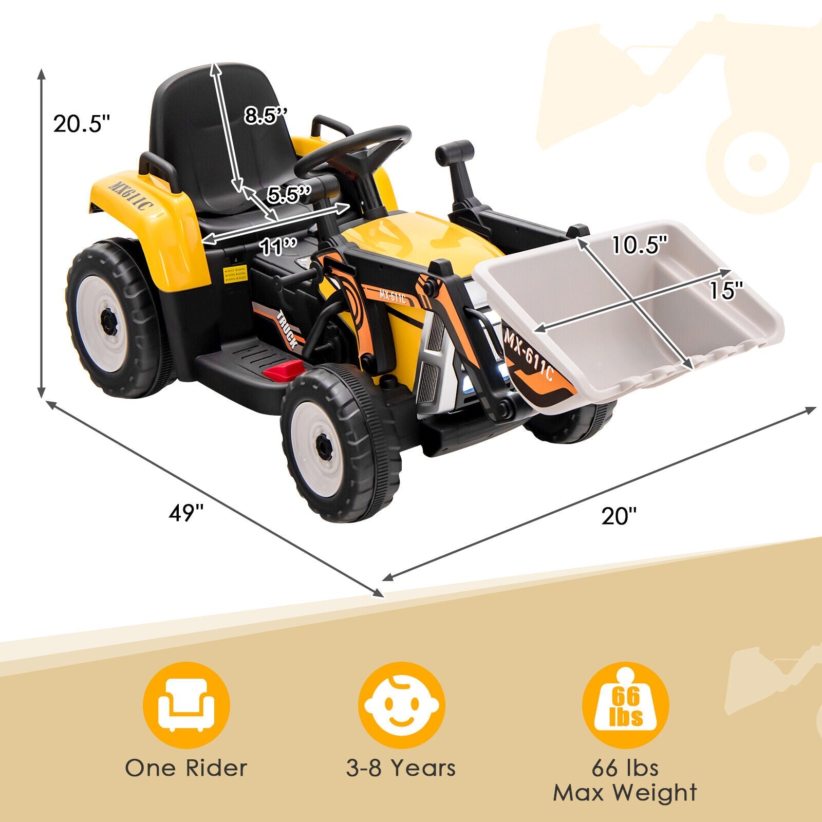 12V Battery Powered Kids Excavator with Adjustable Arm - Yellow