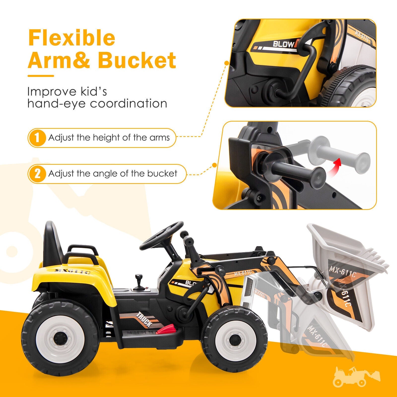 12V Battery Powered Kids Excavator with Adjustable Arm - Yellow