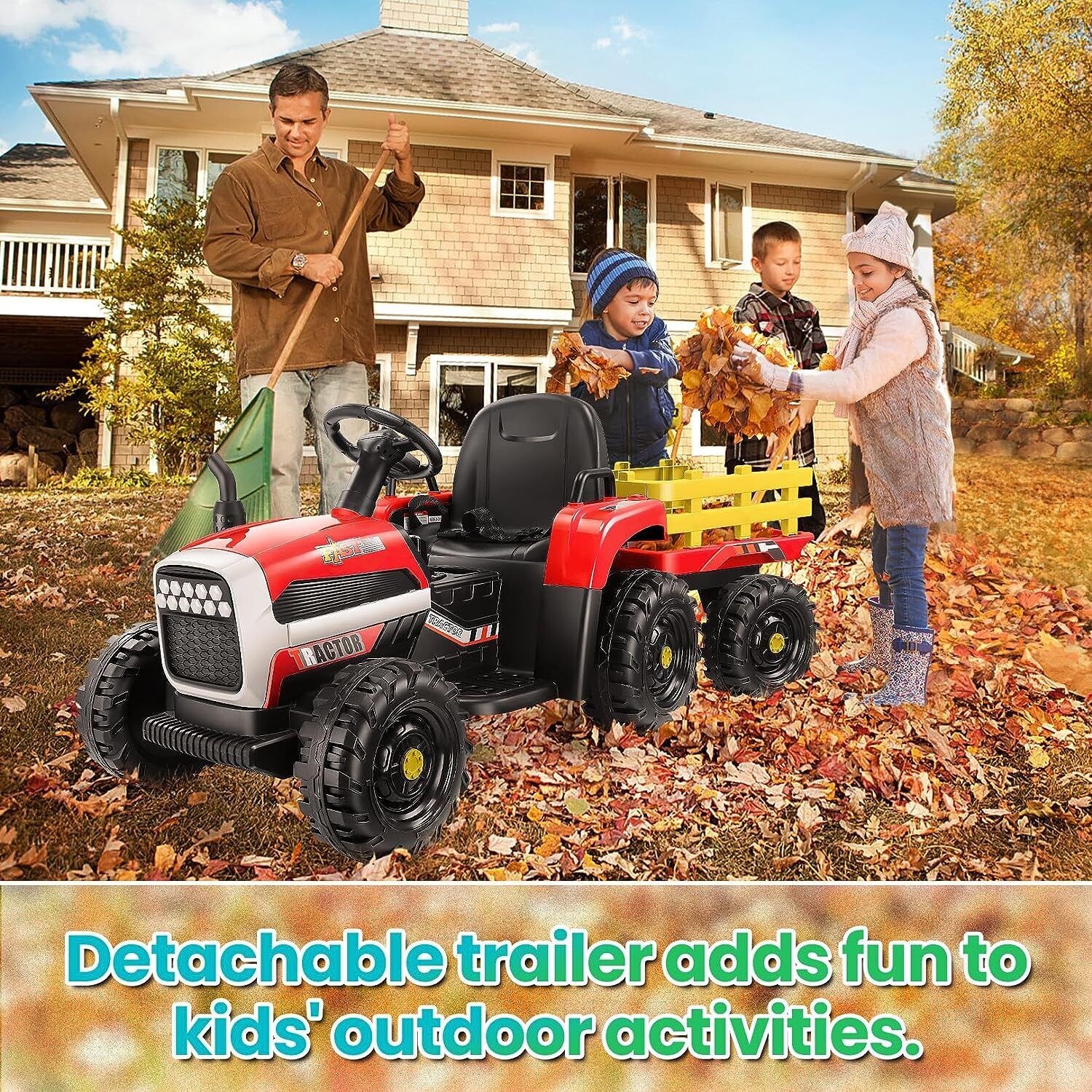 Electric Tractor Ride-On Toy Car with Trailer for Kids - 12V Battery Powered