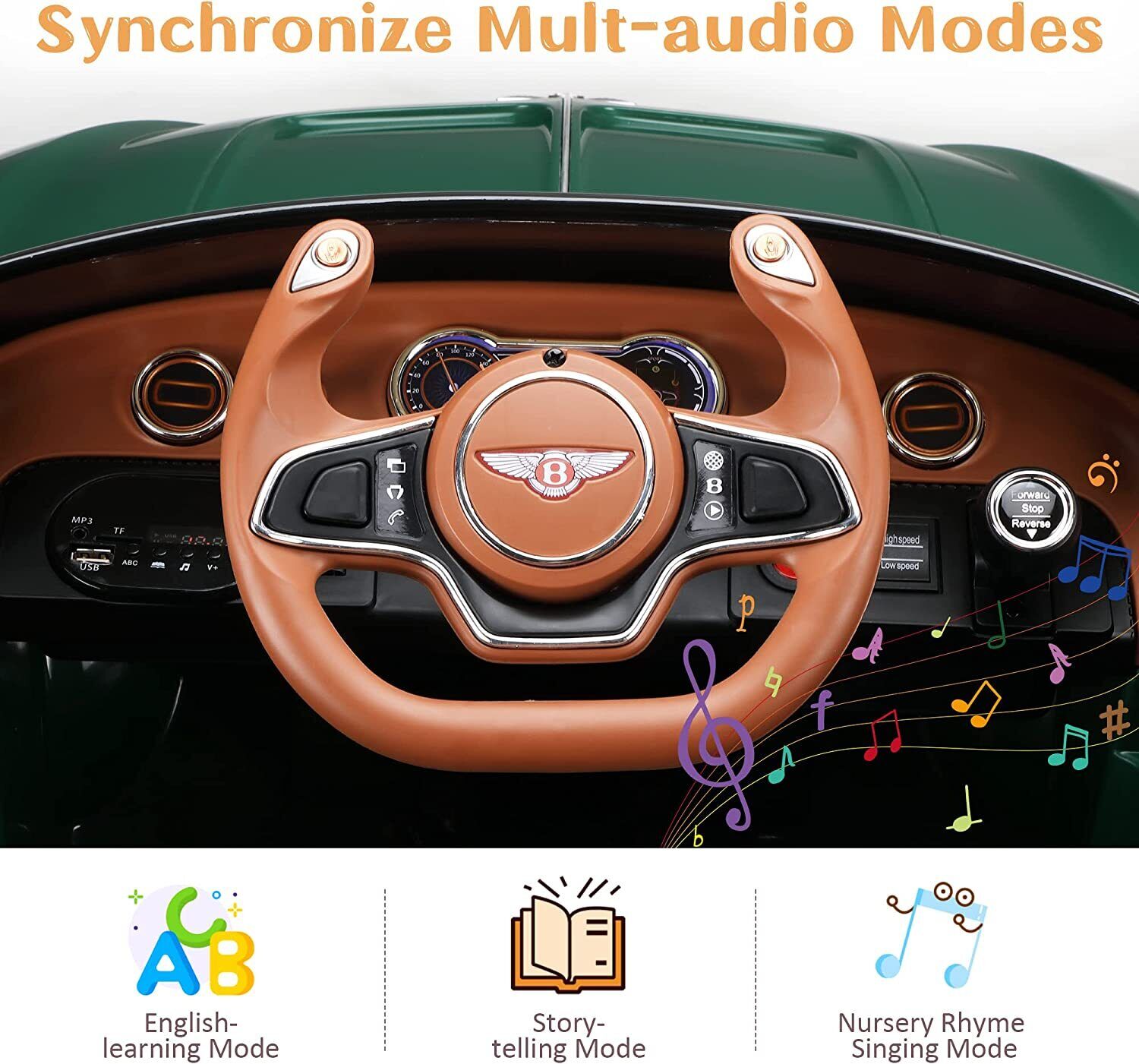 Licensed Bentley Style 12V Electric Ride-On Car with Remote Control and LED Lights - Green