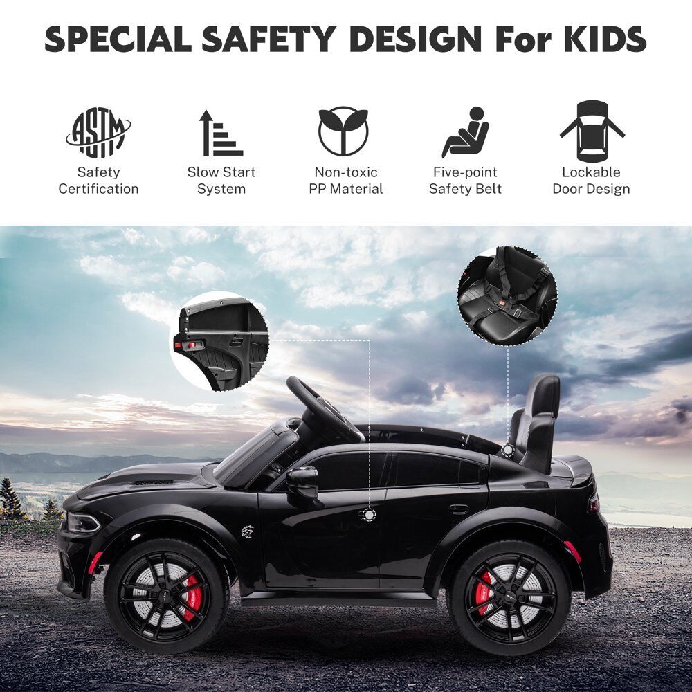12V Dodge Charger SRT Hellcat Ride-On Toy with Remote Control, MP3, and LED Lights for Kids
