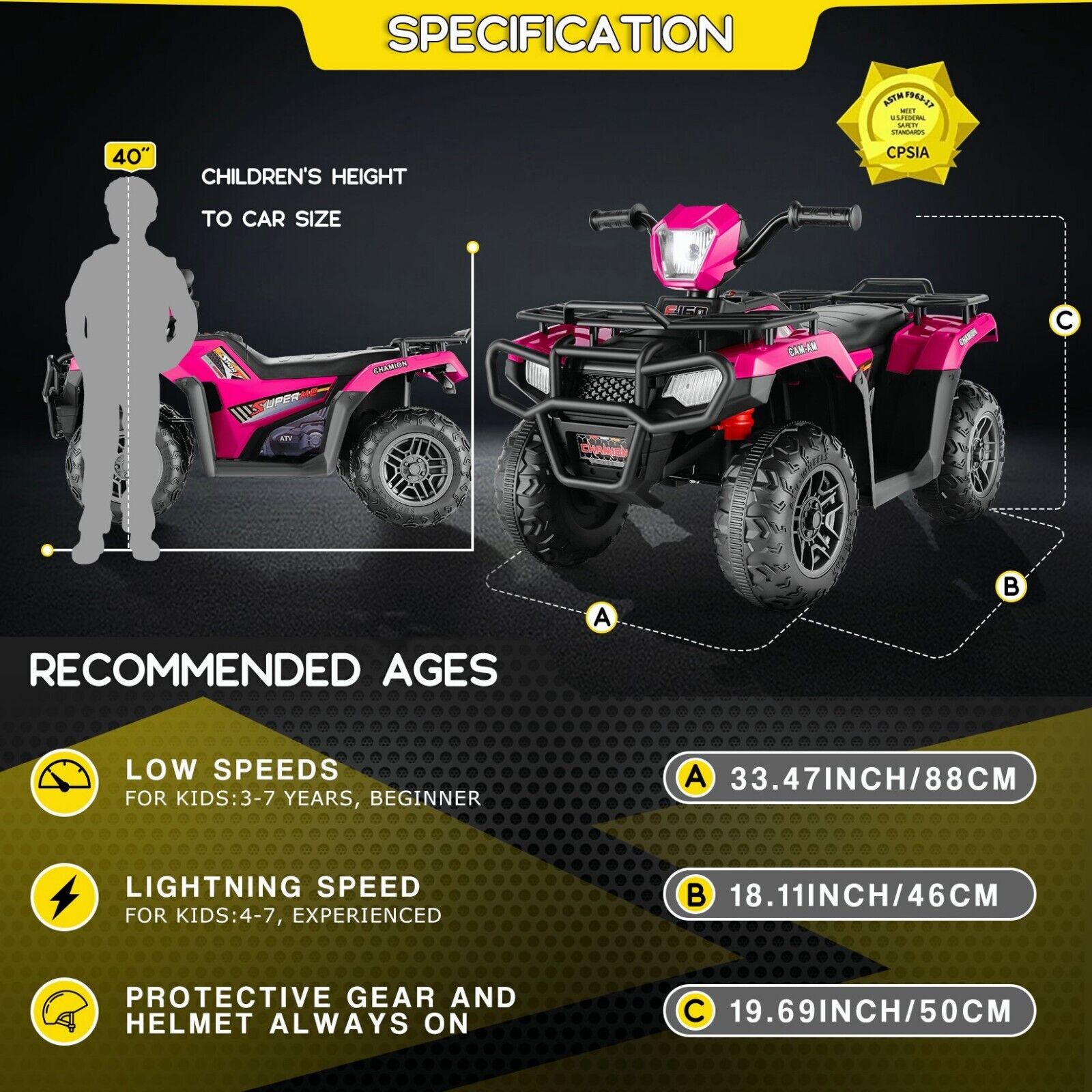 12V Quad for Kids with LED Lights and Dual Speed Options