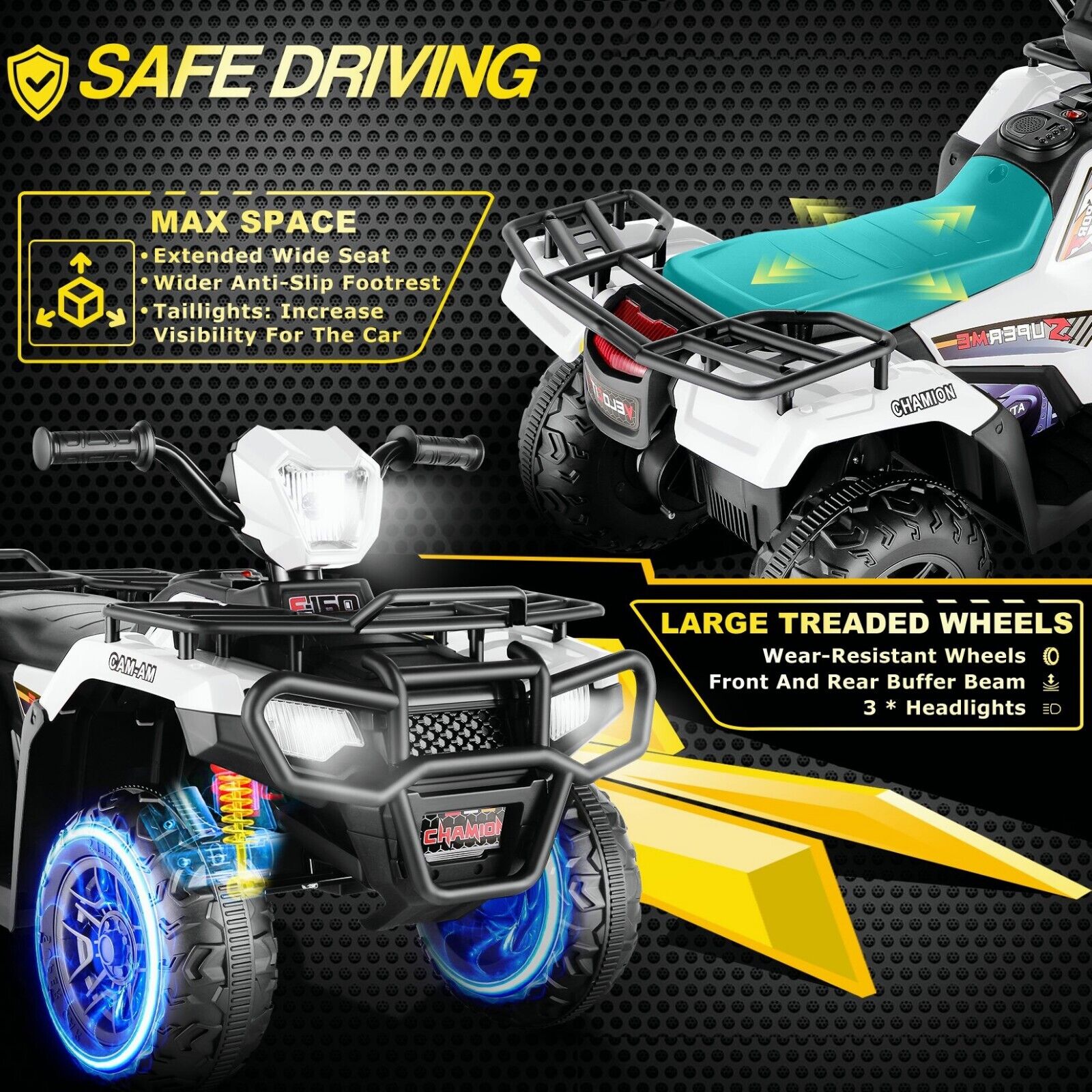 12V Quad for Kids with LED Lights and Dual Speed Options