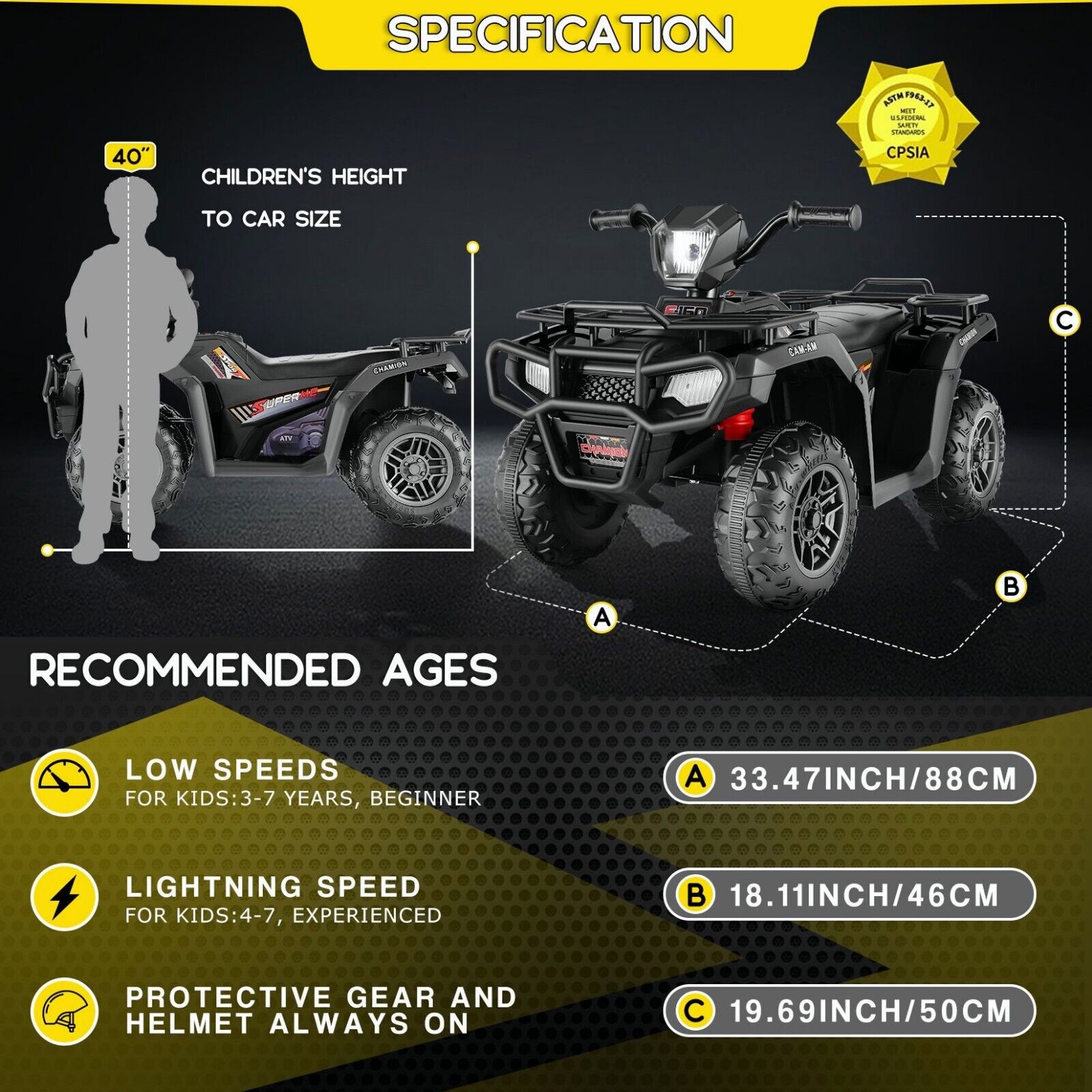 12V Quad for Kids with LED Lights and Dual Speed Options