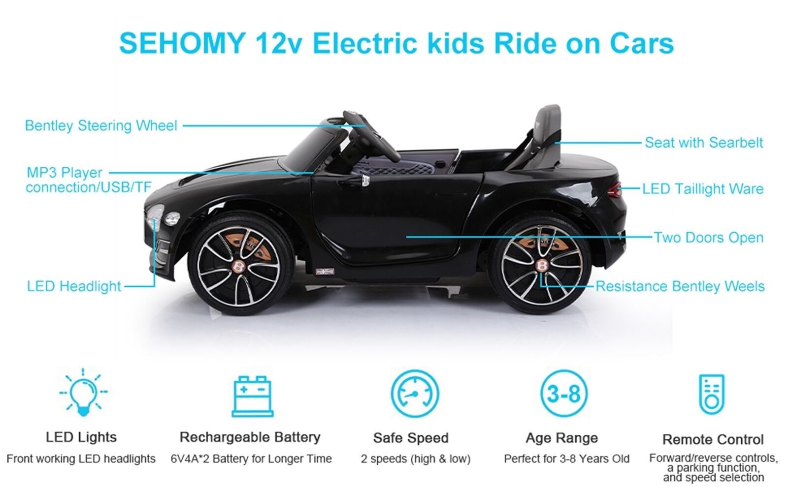 12V Electric Bentley Style Ride On Car for Kids with Remote Control and AUX