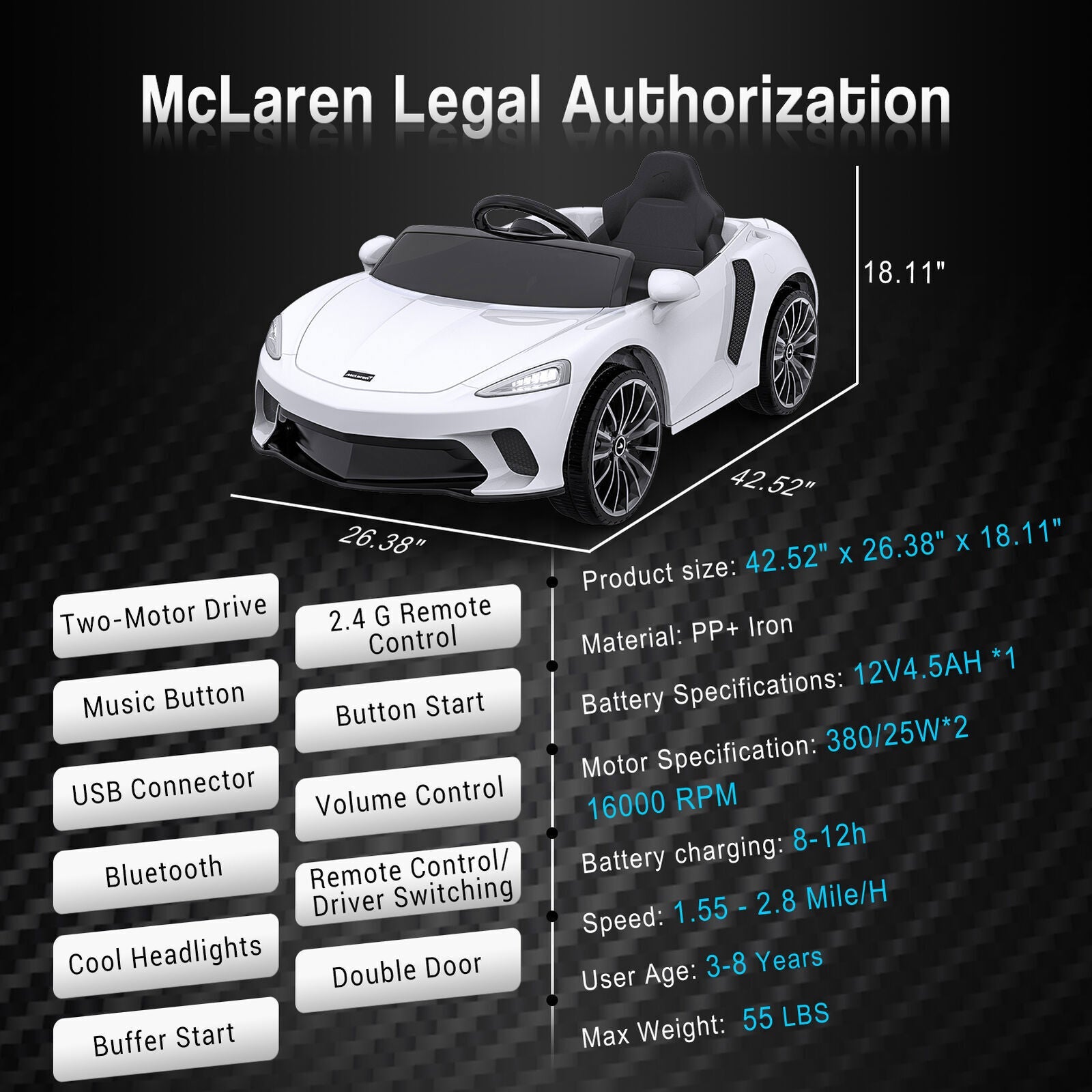 12V Electric Kids Ride On Sports Car with Remote Control and USB LED Lights