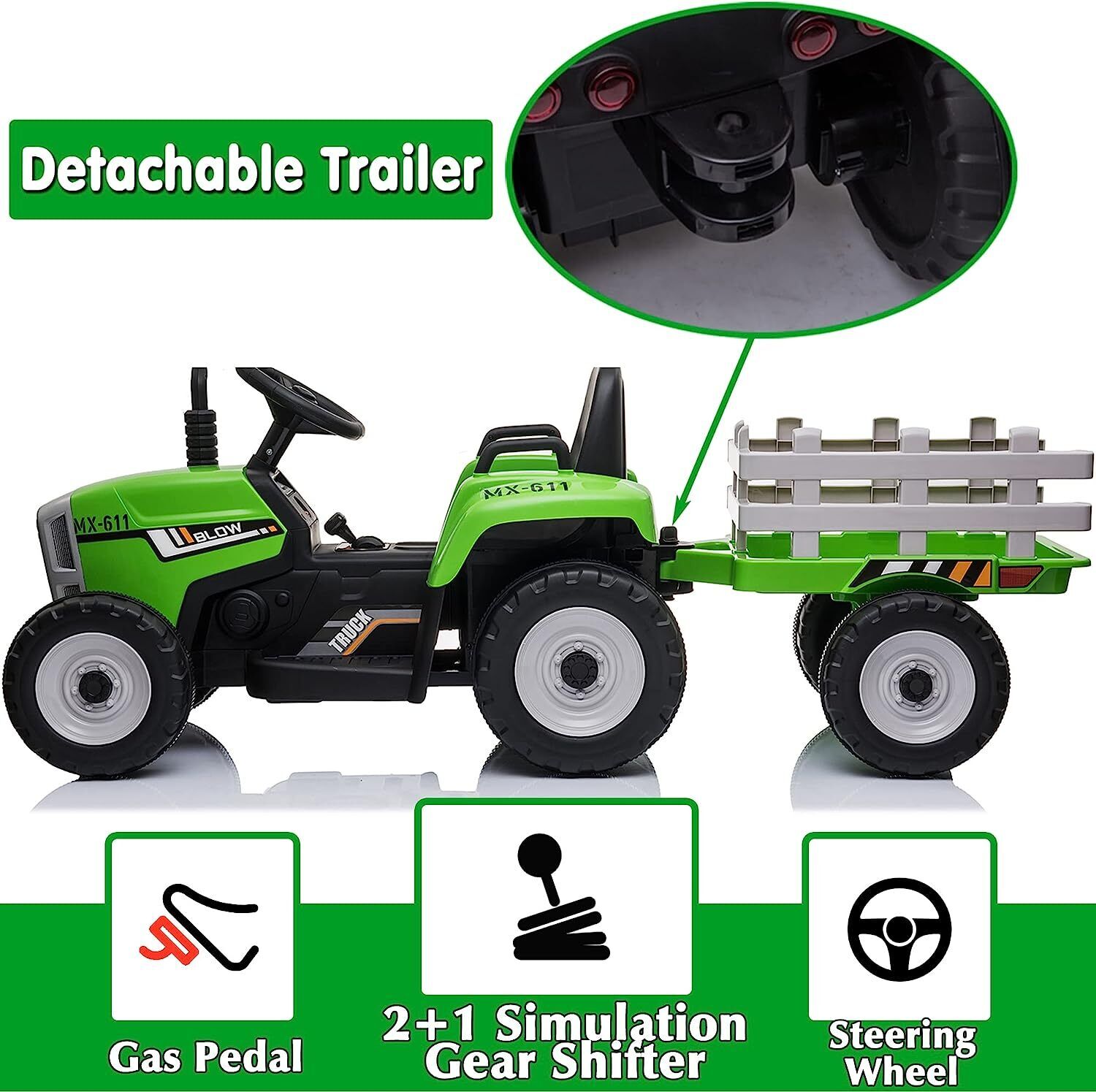 12V Electric Kids Ride On Tractor with Trailer - Battery Powered Car Toy for Christmas