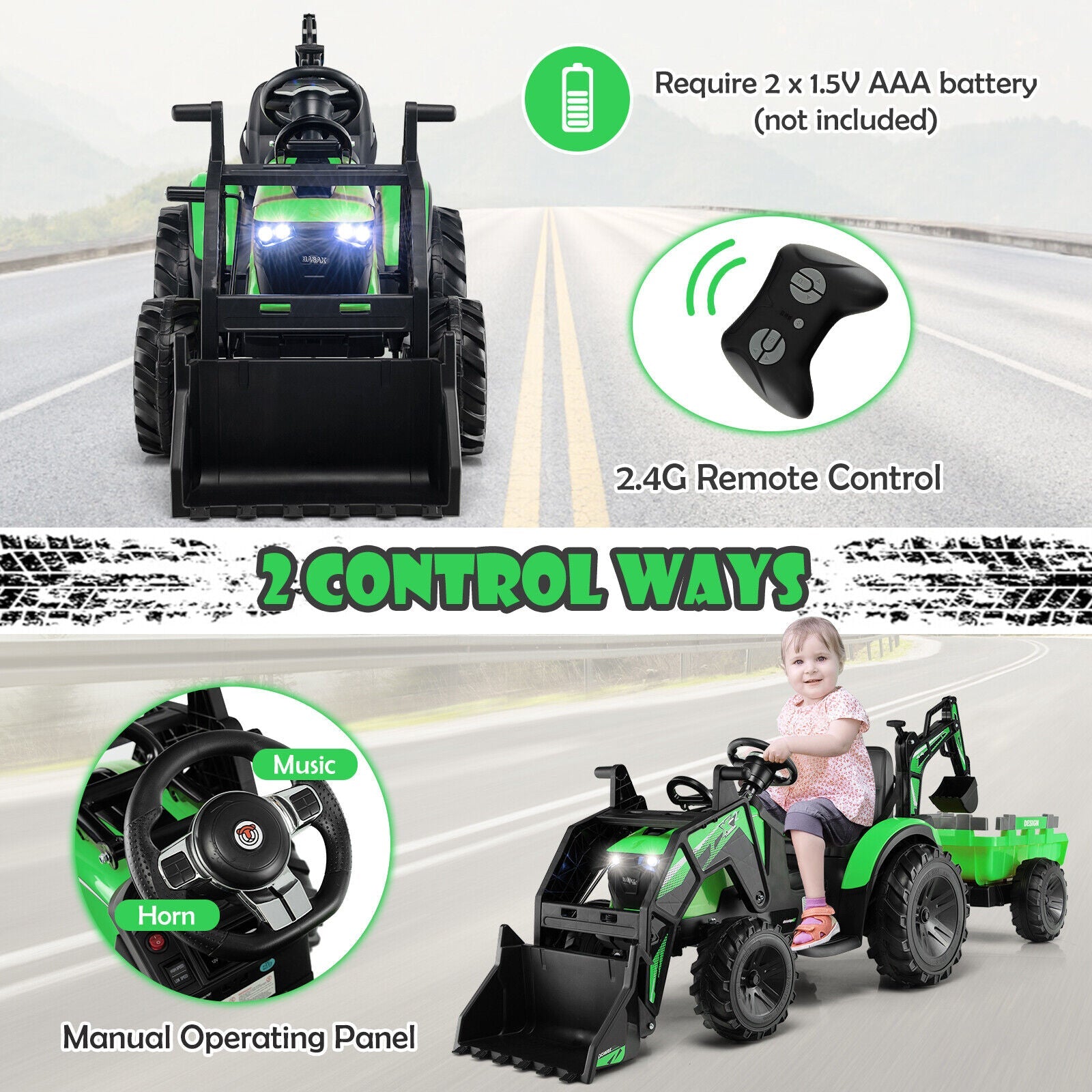 12V Electric Ride-On Excavator Bulldozer with Trailer for Kids - Remote Control Included