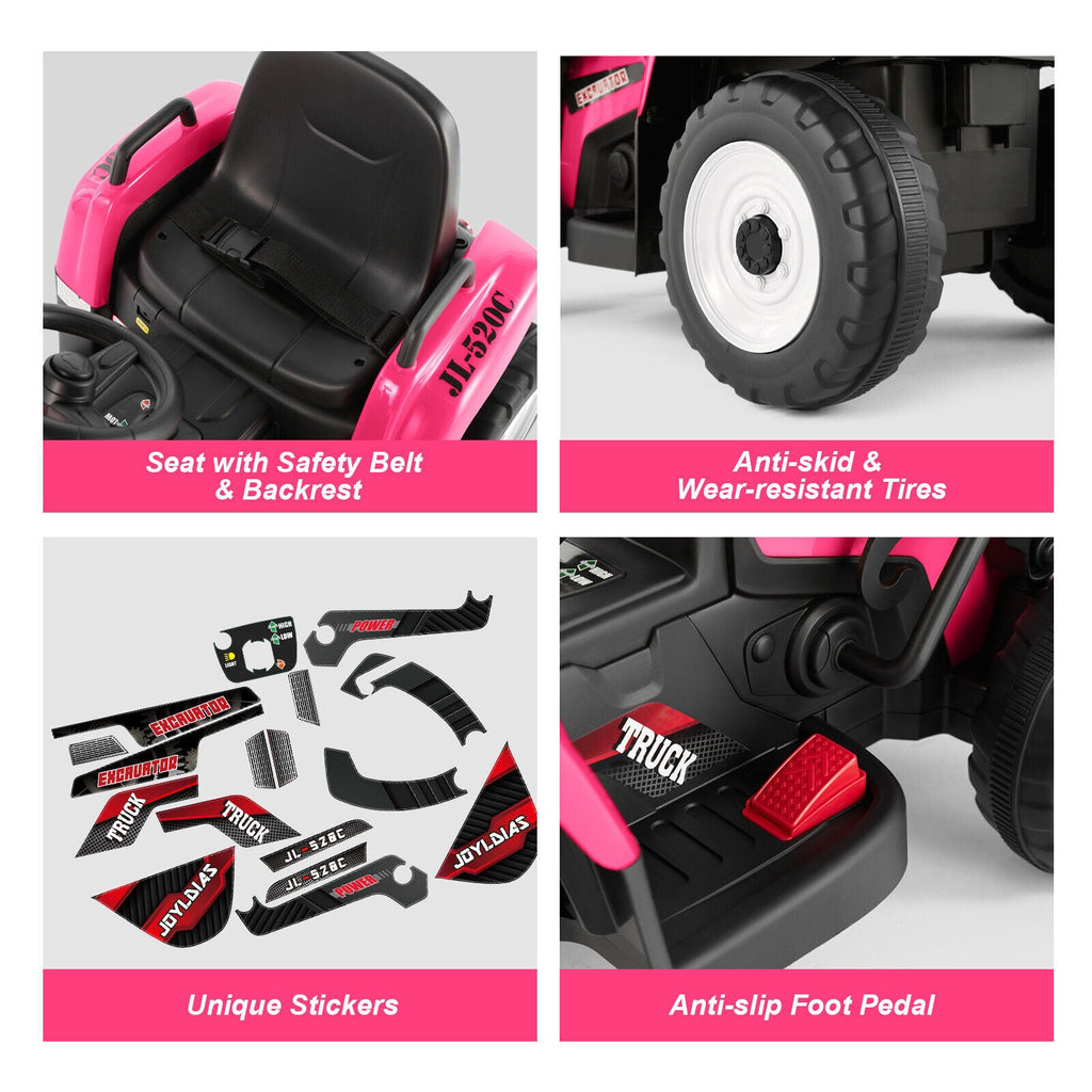 12V Electric Ride On Excavator Digger with Bluetooth Music and Remote Control - 3 Speeds and Light Effects Included