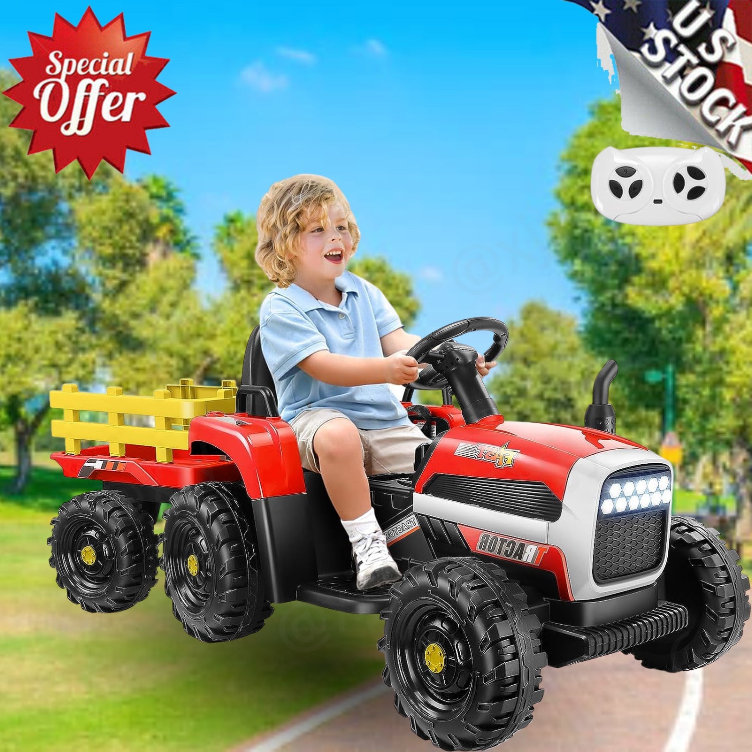 12V Electric Ride-On Tractor for Kids with Trailer Attachment by Hikole