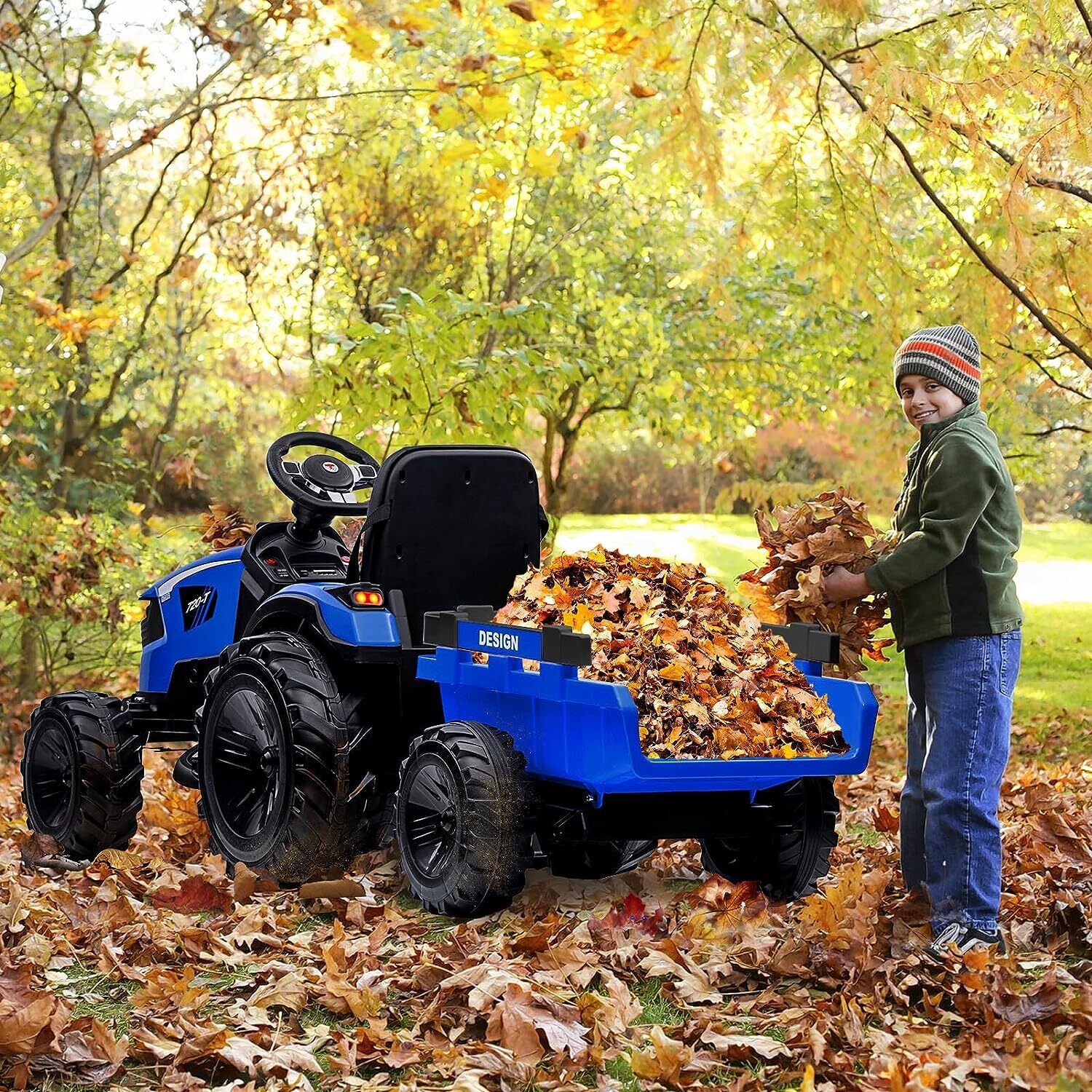 12V Electric Ride On Tractor Toy with Remote Control, Trailer, and LED Light - Perfect Gift for Kids