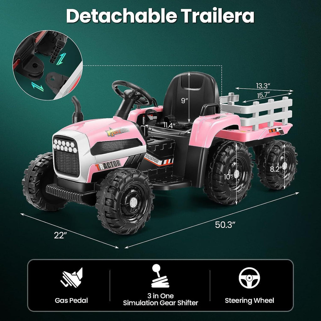 12V Electric Ride-On Tractor with Trailer for Kids, Remote Control Included