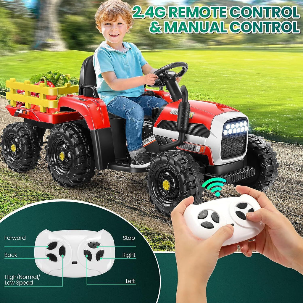 12V Electric Ride-On Tractor with Trailer for Kids - Remote Controlled Toy Car