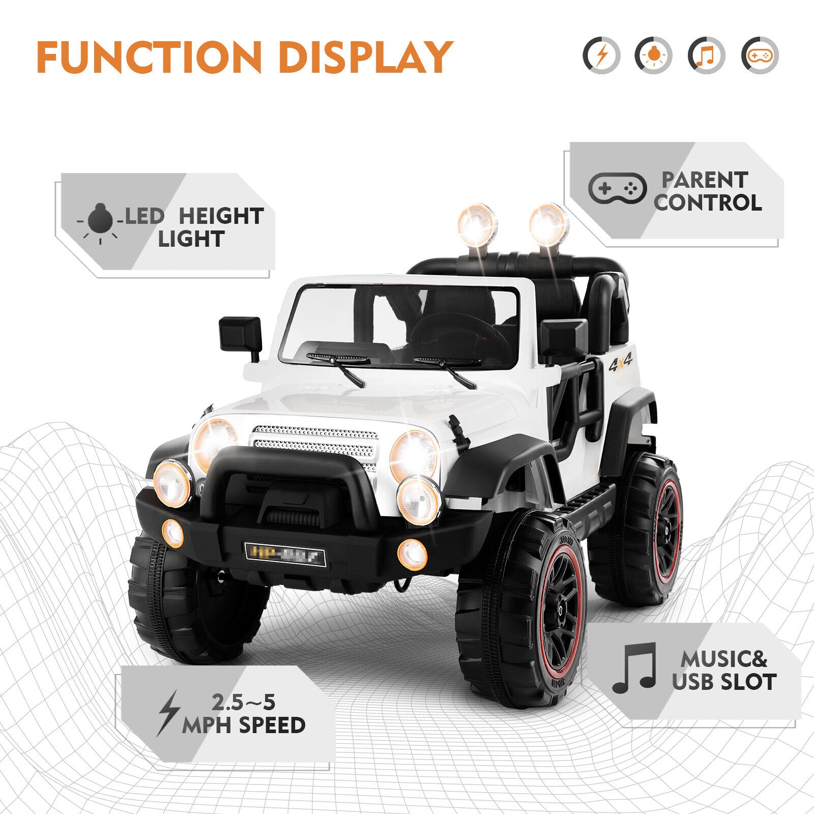 Electric 3-Speed Kids Ride-On Car with MP3, LED Lights, and Remote Control - White