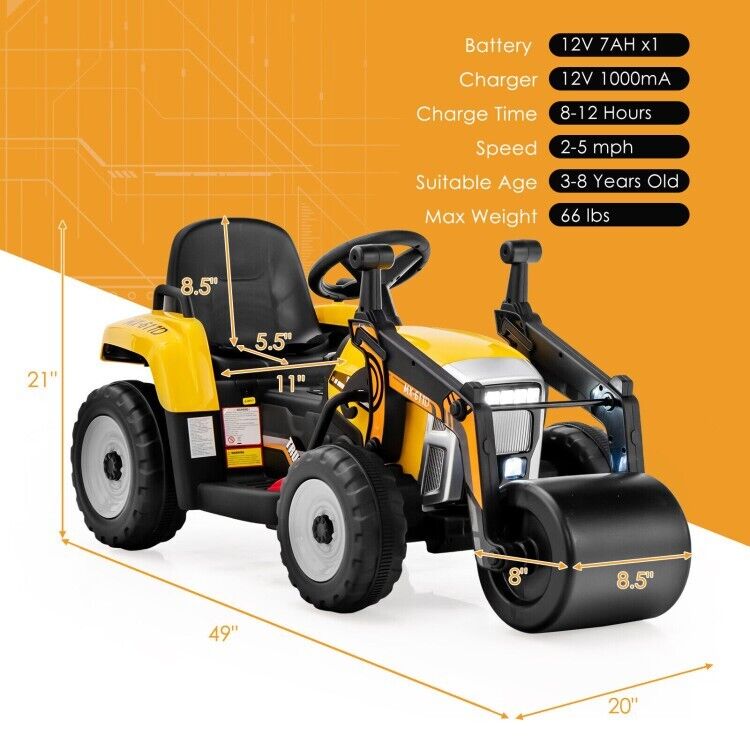 12V Electric Tractor with Remote Control, Music & LED Lights - Perfect for Kids to Ride On!