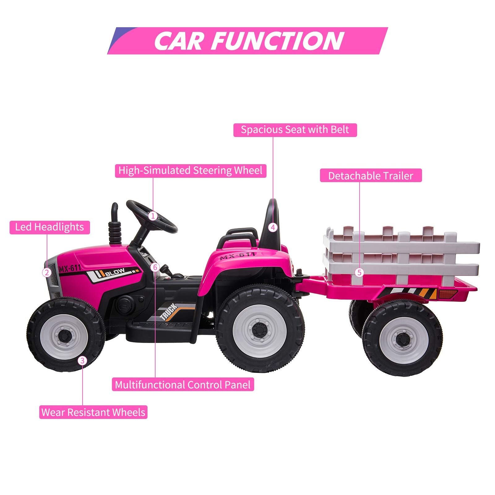 12V Electric Tractor with Trailer - Remote Control Ride On Car for Toddlers