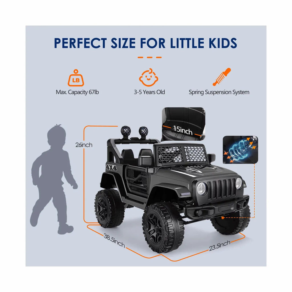 12V Kids Electric Jeep Car with Remote Control, Bluetooth, LED Lights, and MP3 Player