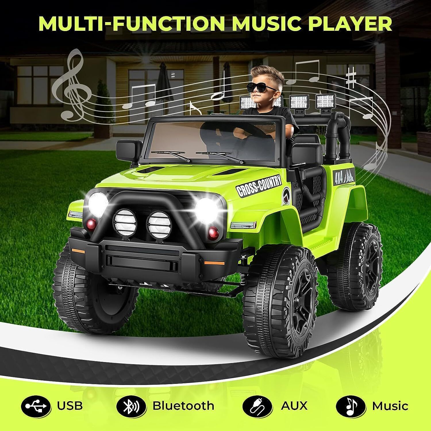 12V Kids Electric Jeep with Remote Control, 3 Speeds, LED Lights, MP3 Music, and USB Connectivity