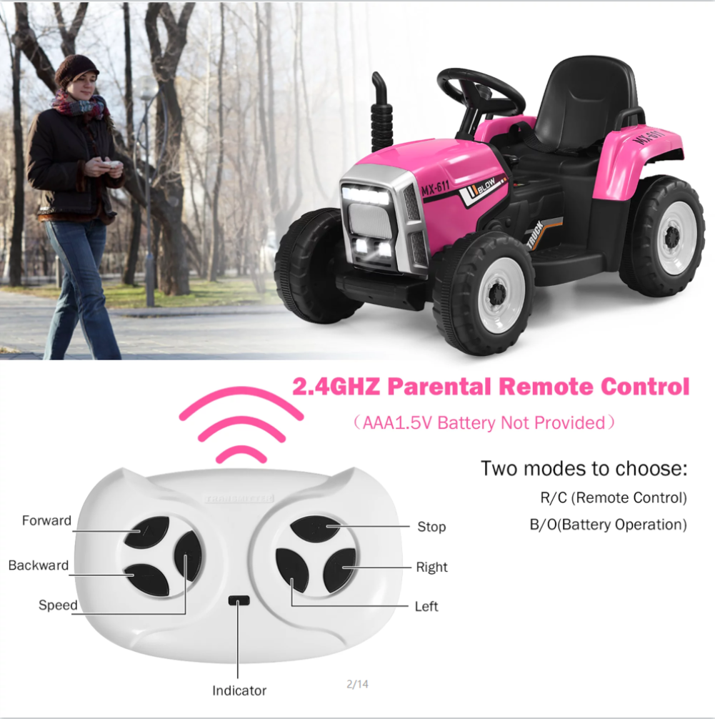 12V Kids Electric Tractor with Trailer and LED Lights - USB Compatible
