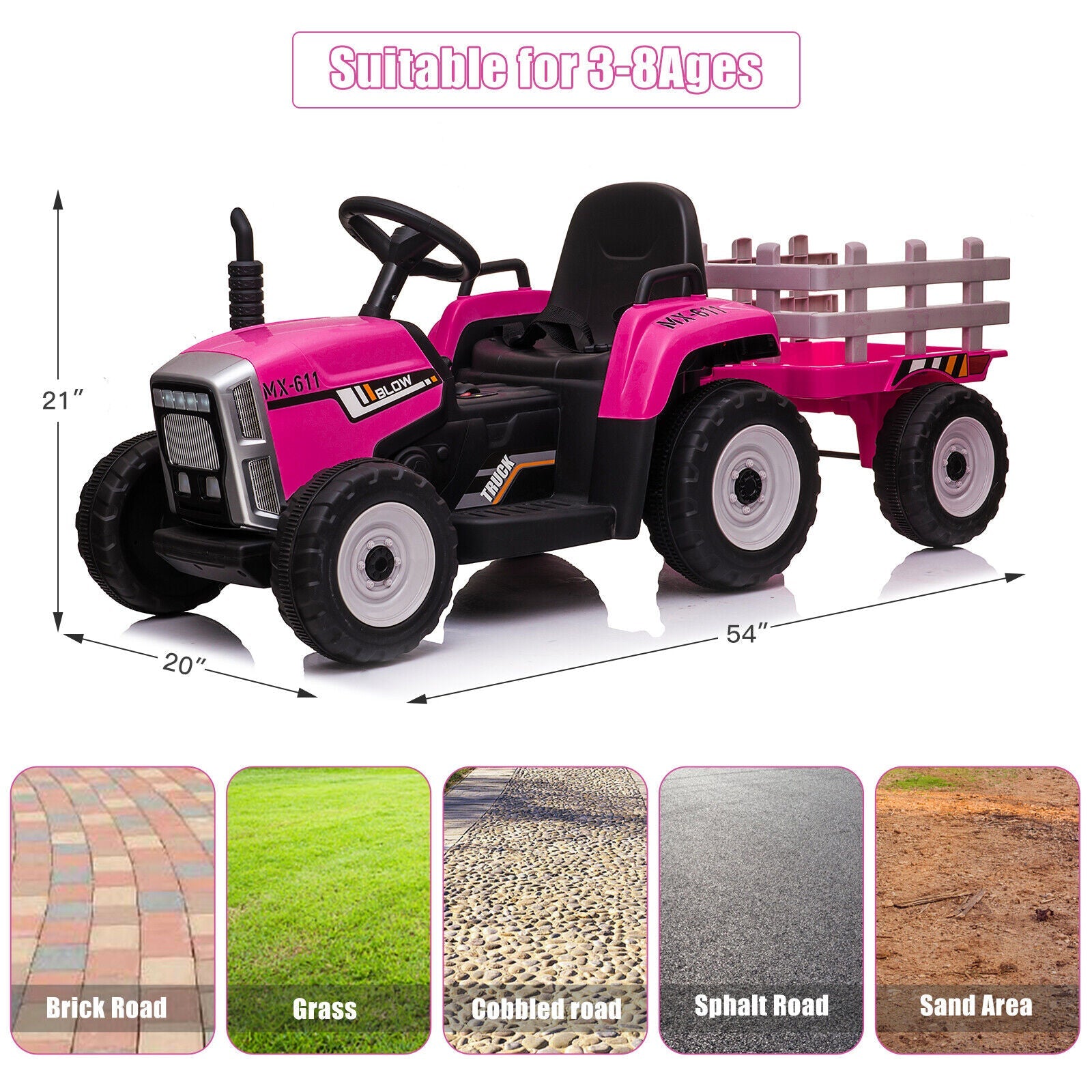 12V Kids Electric Tractor with Trailer and LED Lights - USB Compatible