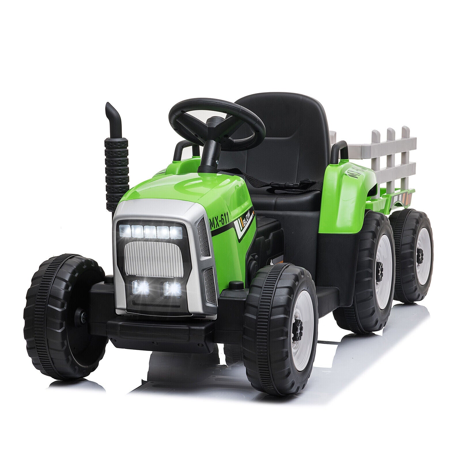 12V Kids Electric Tractor with Trailer and LED Lights - USB Compatible