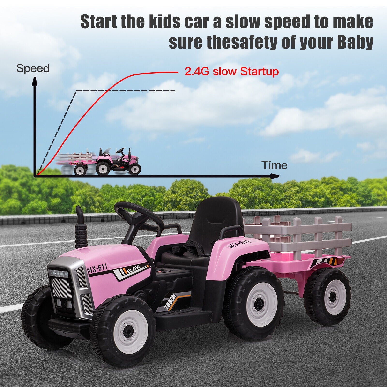 12V Battery Powered Kids Ride-On Tractor with Detachable Trailer and LED Lights
