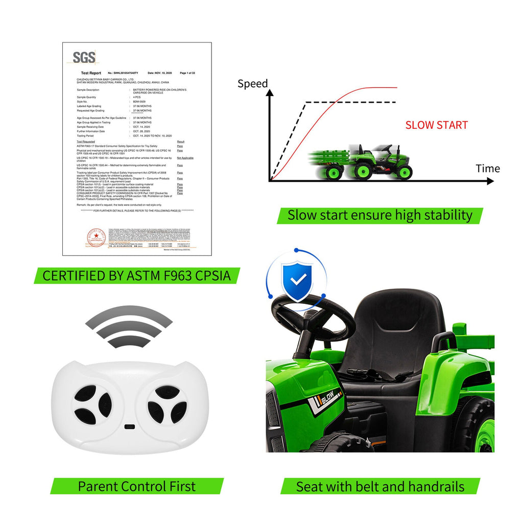 12V Kids Ride-On Tractor with Remote Control and Trailer Attachment