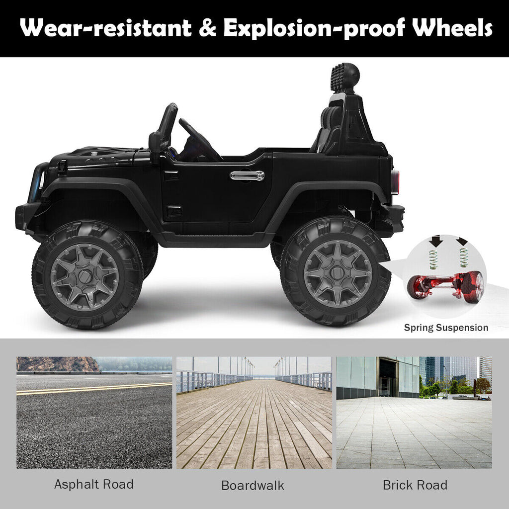 12V Kids Ride On Truck with RC Control, LED Lights, Music, and Spring Suspension in Black