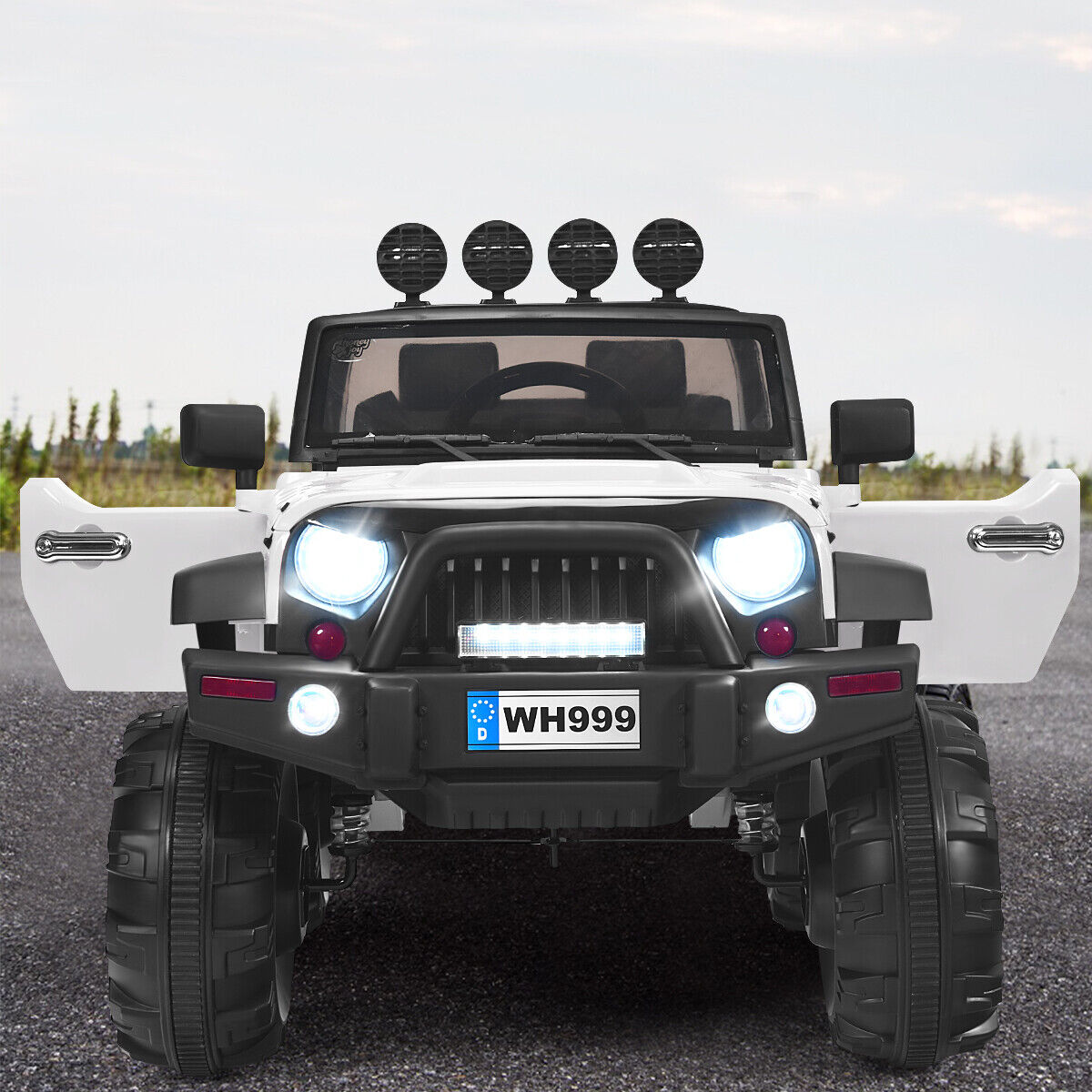 12V Kids Ride On Truck with RC Control, LED Lights, Music, and Spring Suspension in White