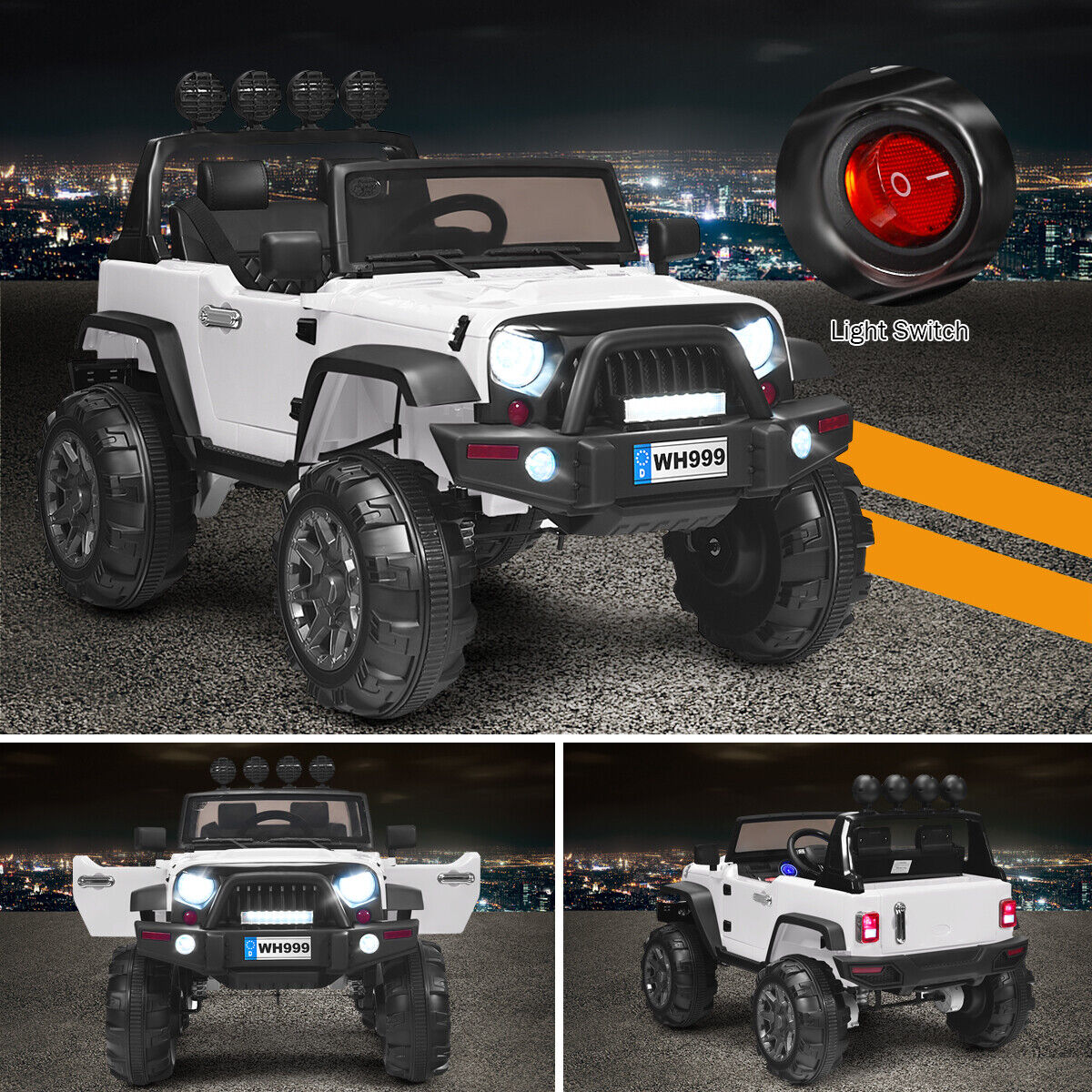12V Kids Ride On Truck with RC Control, LED Lights, Music, and Spring Suspension in White