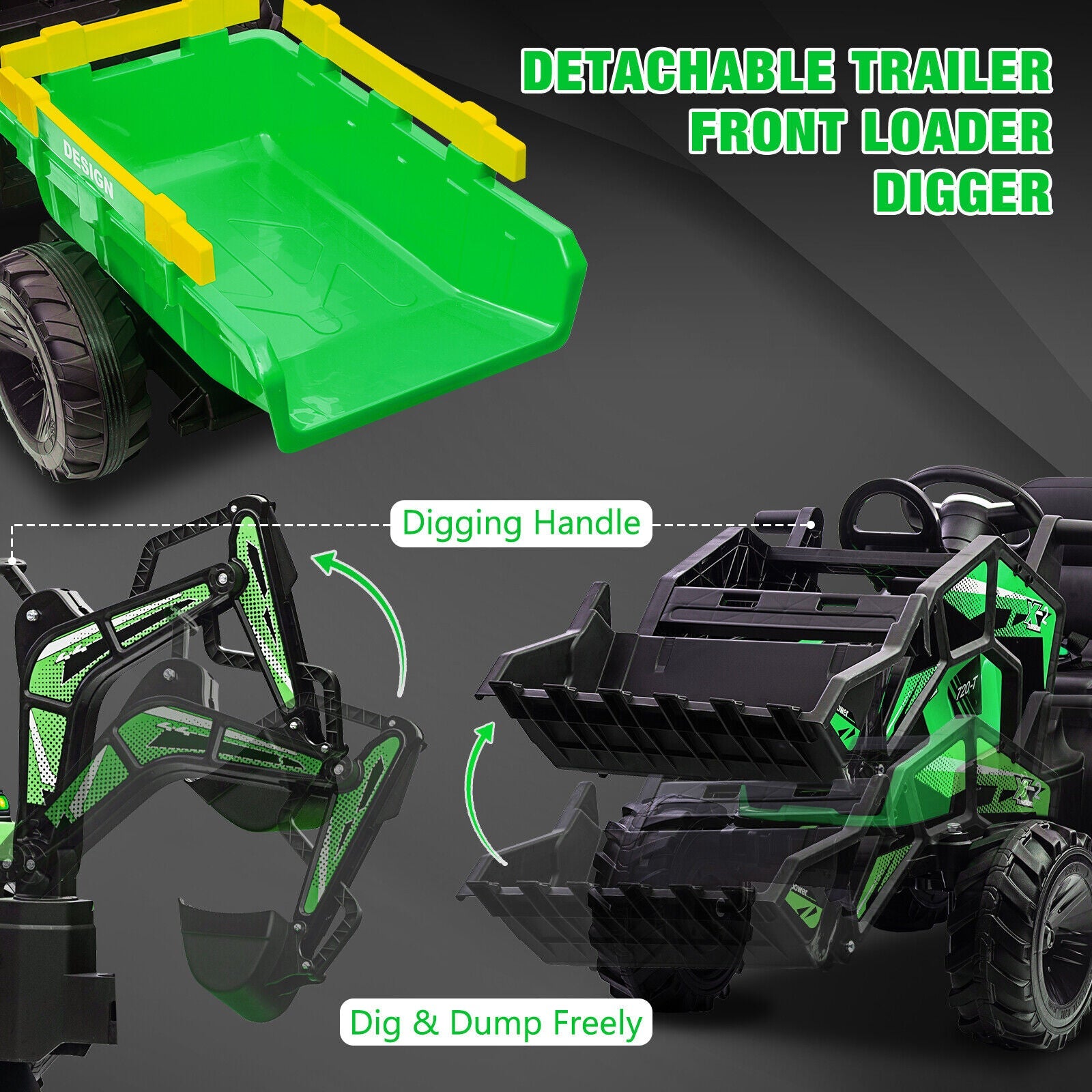 12V Kids Tractor Ride On Toy Car with Trailer, Music, and LED Lights - Perfect Gift for Toddlers