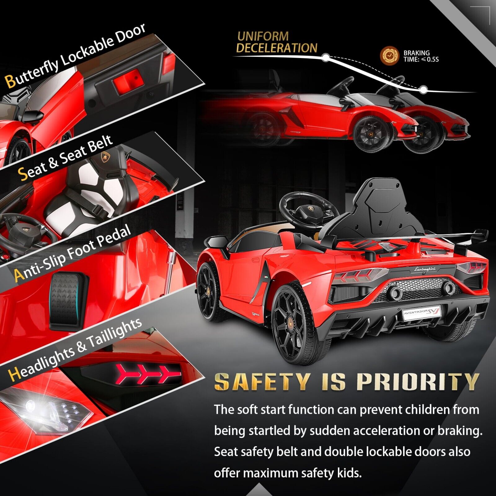 12V Lamborghini Aventador SV Sports Car Toy for Kids with Parental Control - Red