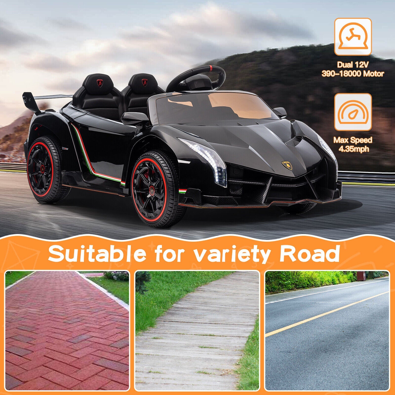 12V Licensed Lamborghini Electric Ride On Car for Kids - 2 Seater with Remote Control
