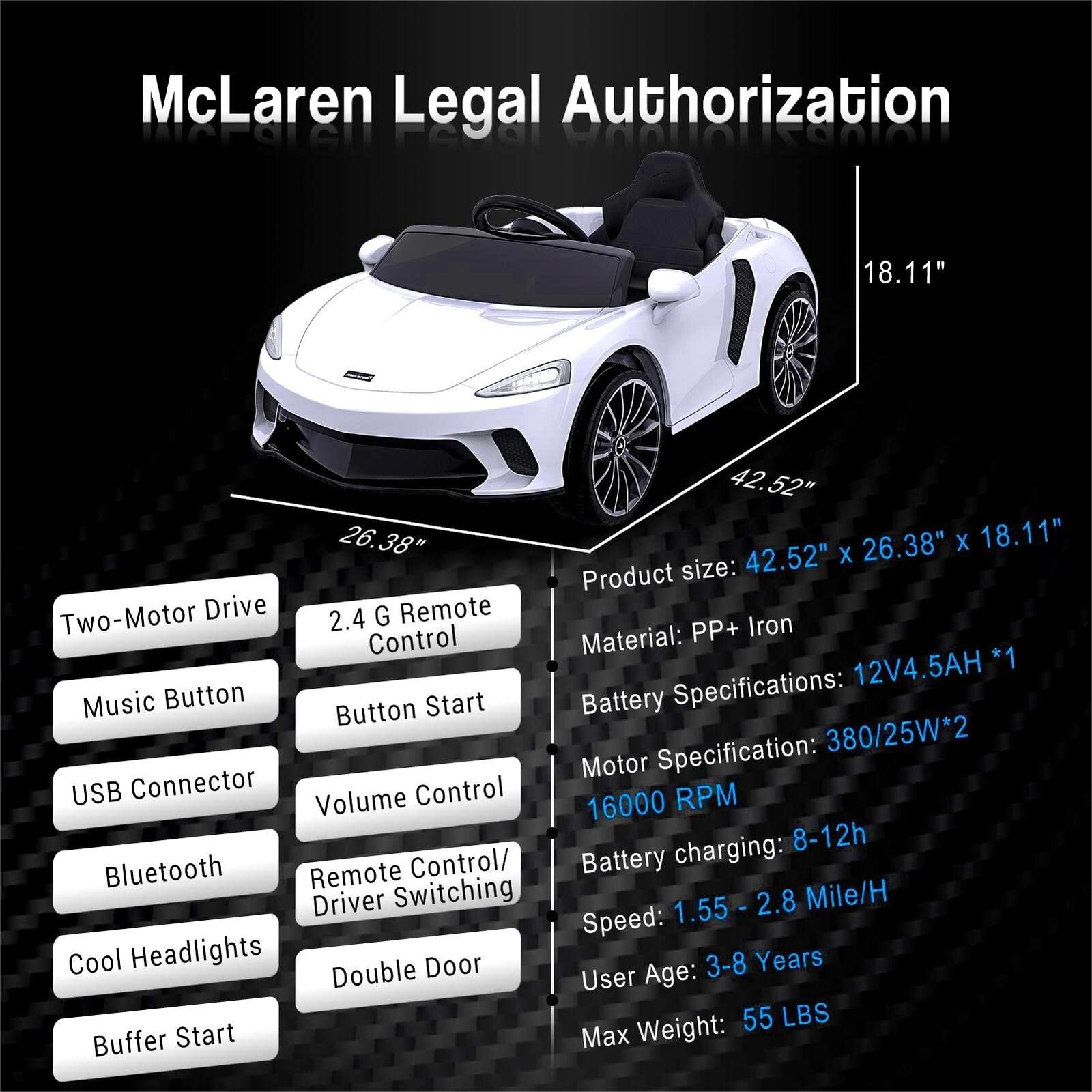 12V Licensed McLaren Battery Powered Sports Car for Kids - Officially Licensed Ride on Toy