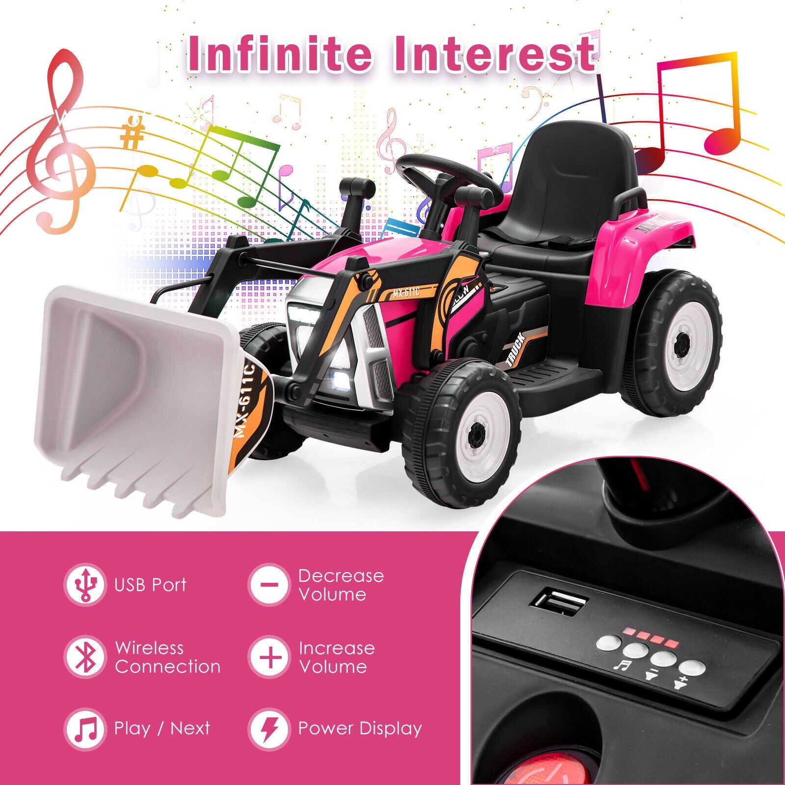 12V Pink Battery-Powered Excavator with Adjustable Arm for Kids