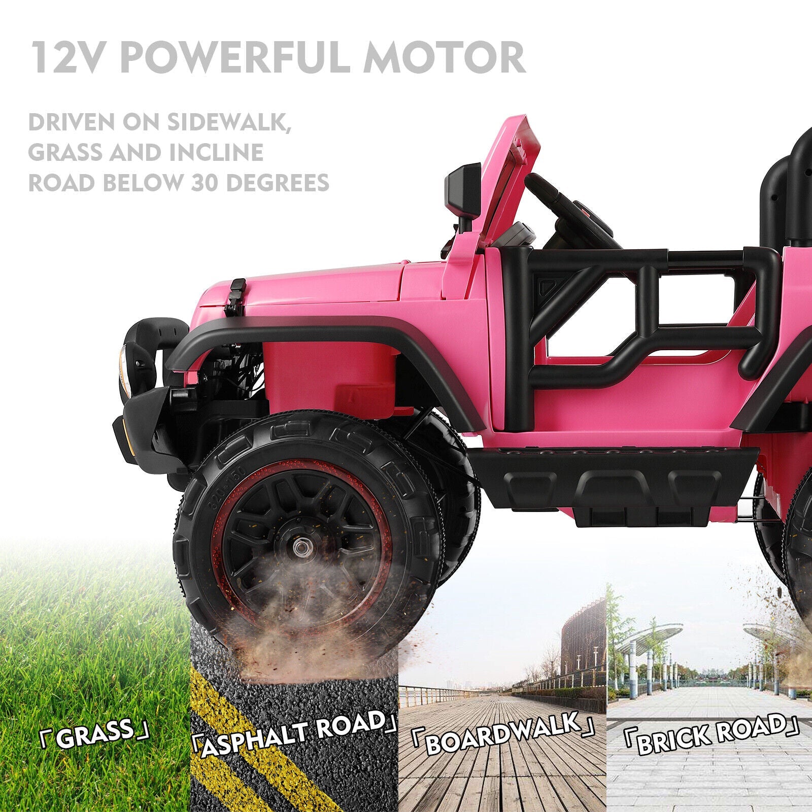 12V Pink Kids Ride on Truck with MP3, LED Light, RC, and Cover - Black