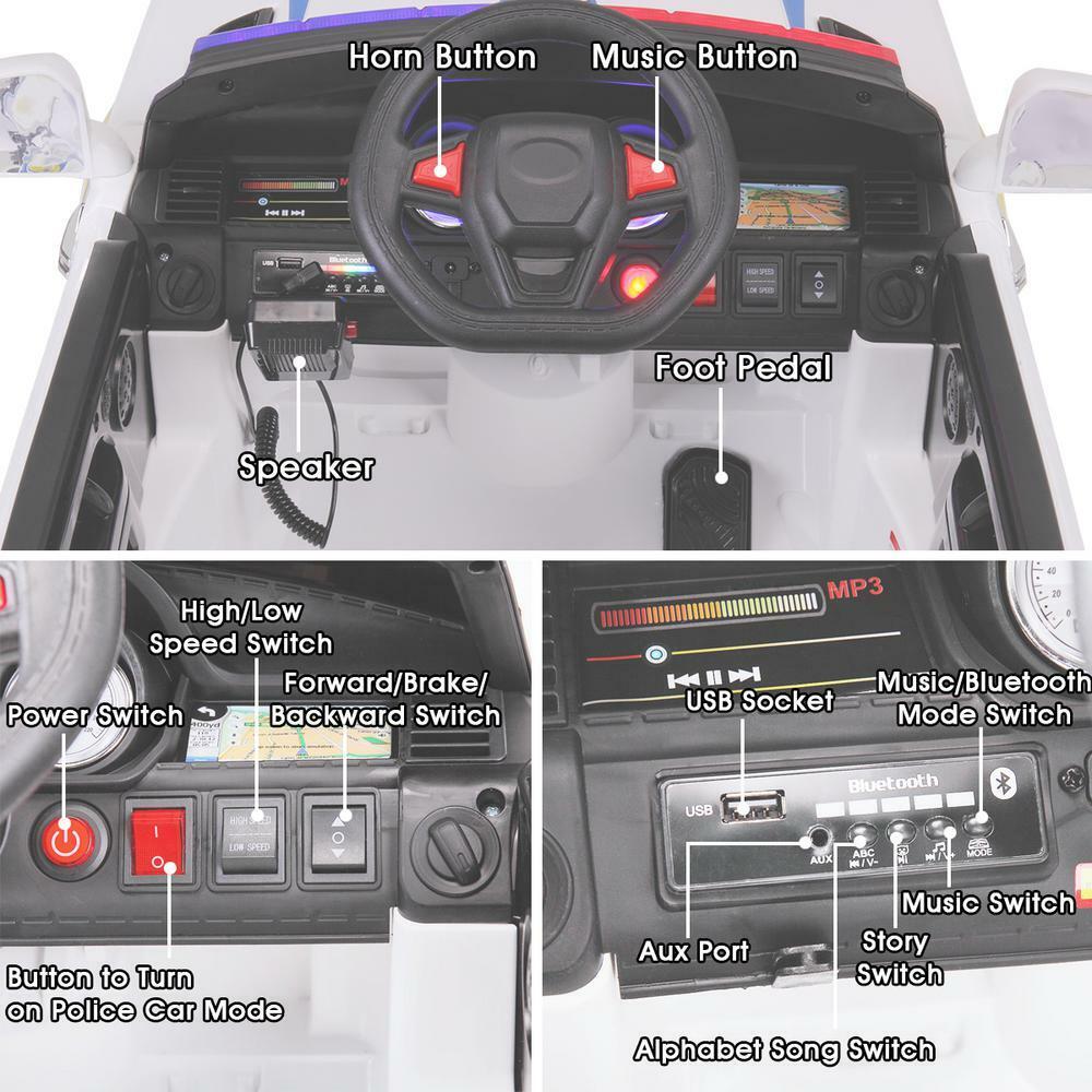 12V White Police Car Ride-On for Kids with Bluetooth Remote Control and LED Lights