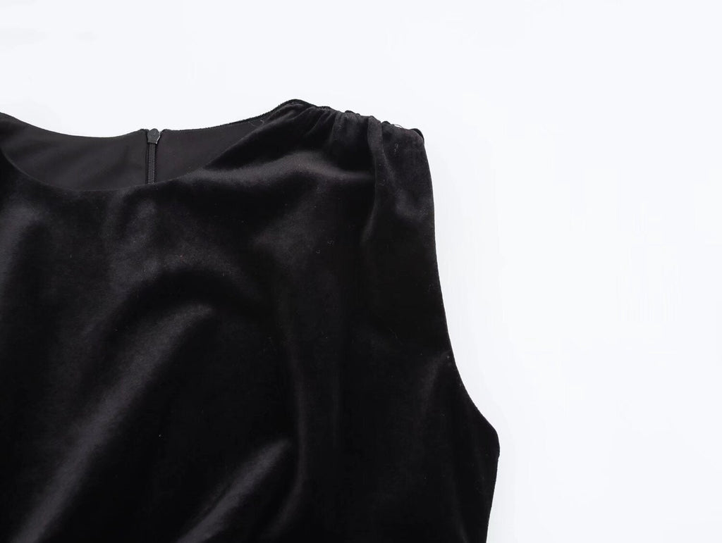 Spring Women Elegant Velvet Texture Pleated Midi Dress