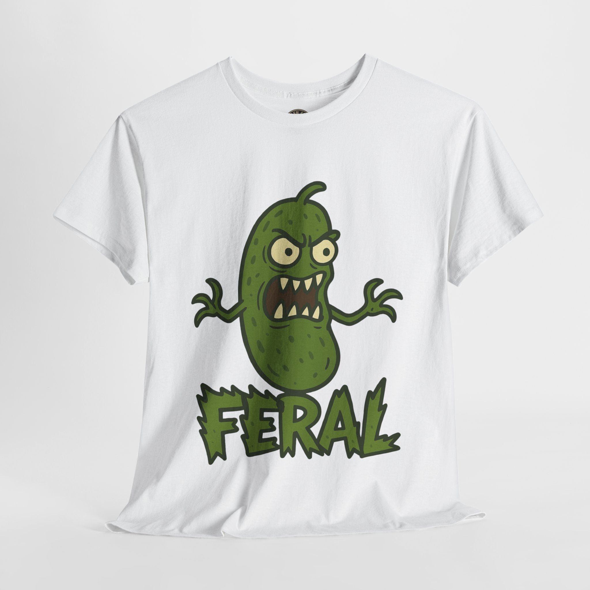 Feral Pickle Cartoon Tee – Trashcore Angry Pickle Shirt – Gildan 5000 Unisex Heavy Cotton