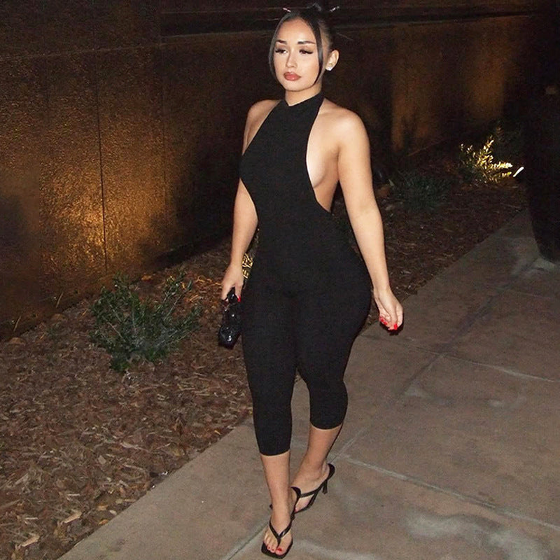 Women Clothing Summer Solid Color Sleeveless Halter Backless Sexy Slim Fit Bodysuit