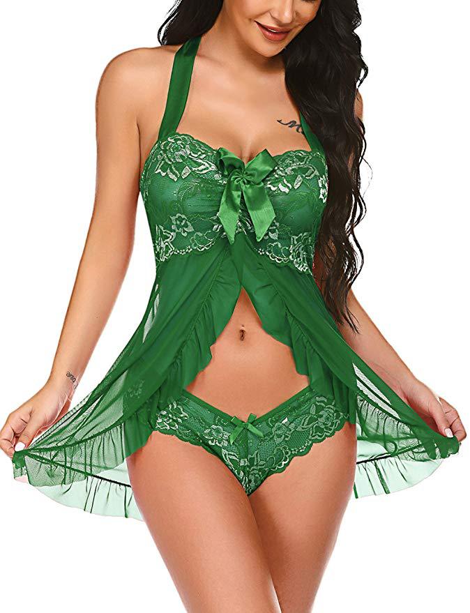 Women's Sleepwear Lace Stitching Mesh Transparent Halter Bow Pajamas