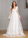 Women V neck Long Sleeve Sexy Backless White Large Swing Wedding Bridal Gown Dress