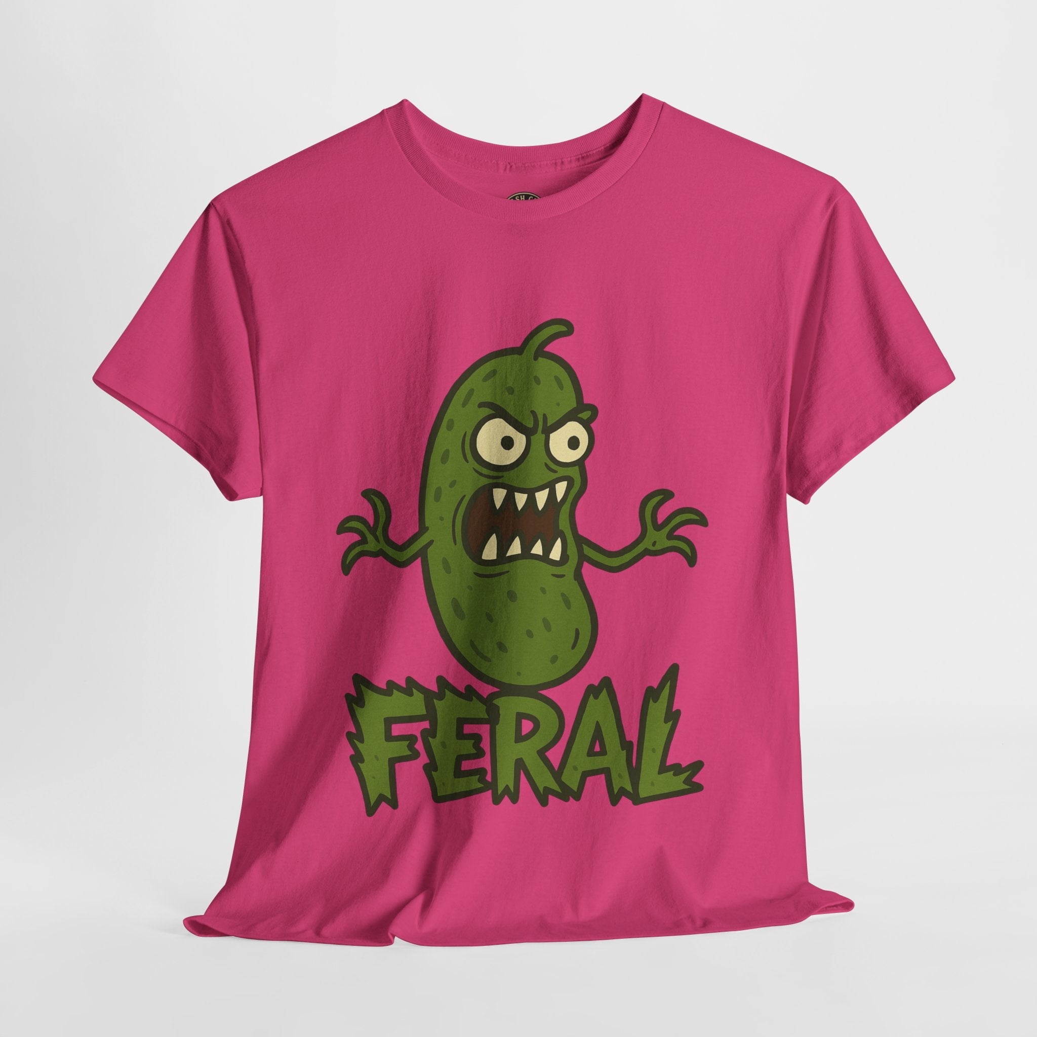 Feral Pickle Cartoon Tee – Trashcore Angry Pickle Shirt – Gildan 5000 Unisex Heavy Cotton